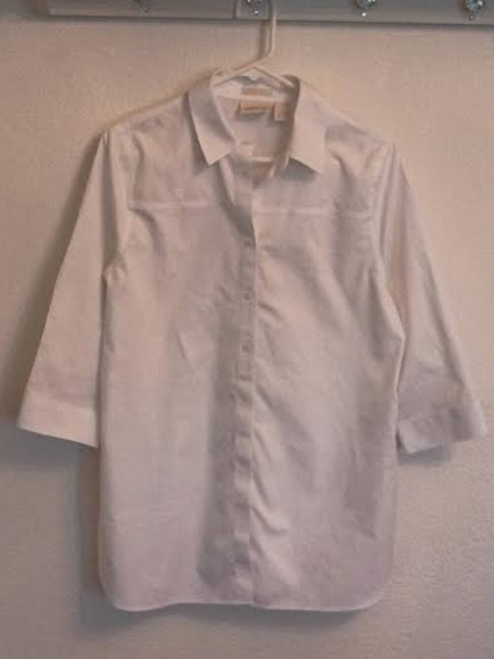 CHICO'S WOMEN'S NO IRON 3/4 SLEEVE TUNIC TOP BUTTON UP WHITE 100% COTTON SIZE 1